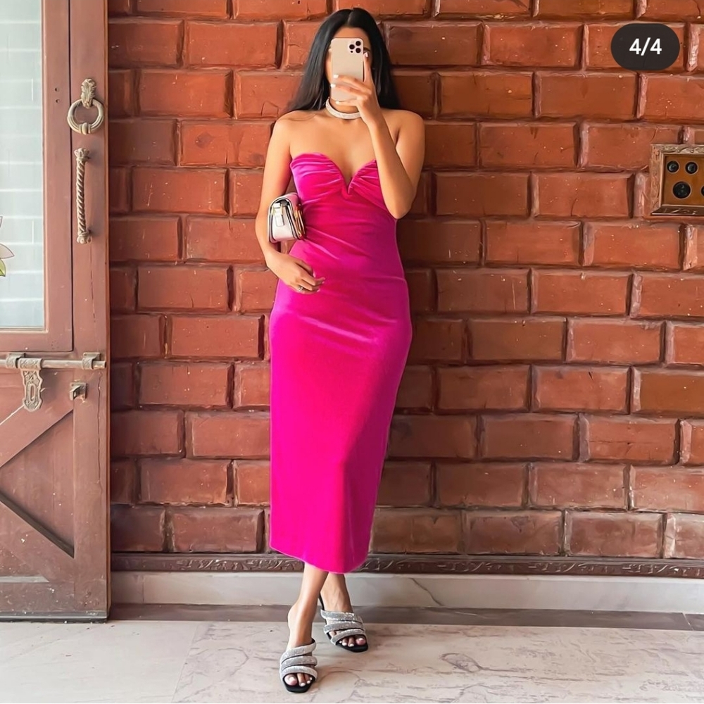 Zara * Velvet Midi Dress Pink Size XS - Picture 9 of 16